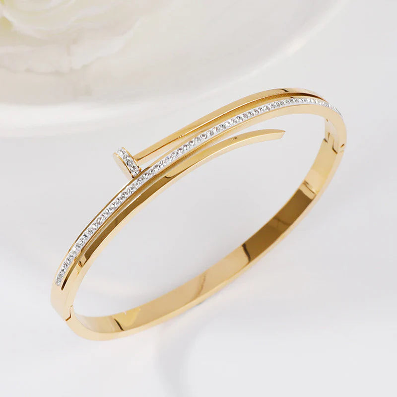 Stainless Steel Gold Plated American Diamond Studded Nail Anti-Tarnish Bracelet