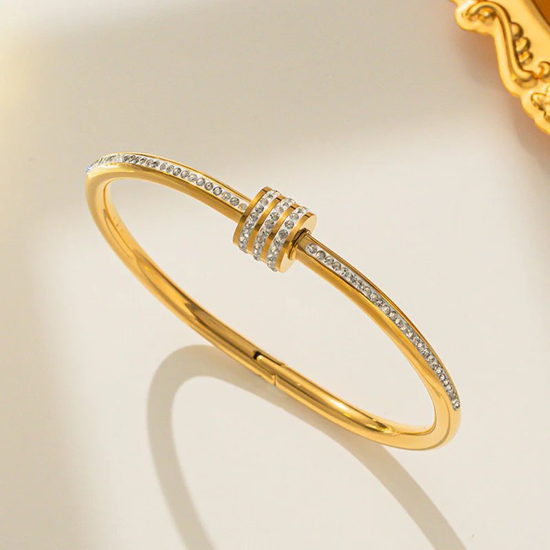 Stainless Steel Gold Plated American Diamond Studded Bangle Style Anti-Tarnish Bracelet