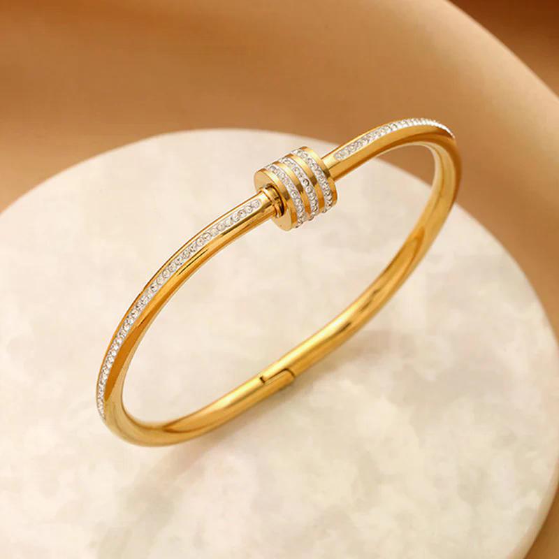Stainless Steel Gold Plated American Diamond Studded Bangle Style Anti-Tarnish Bracelet