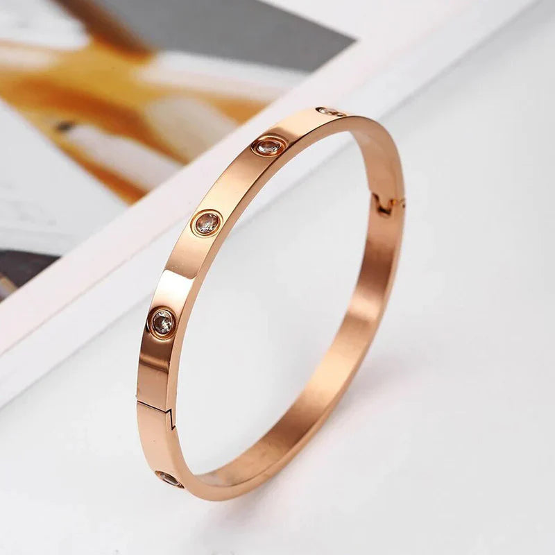 Anti-Tarnish Rose Gold Slim Bangle with Crystal Accents