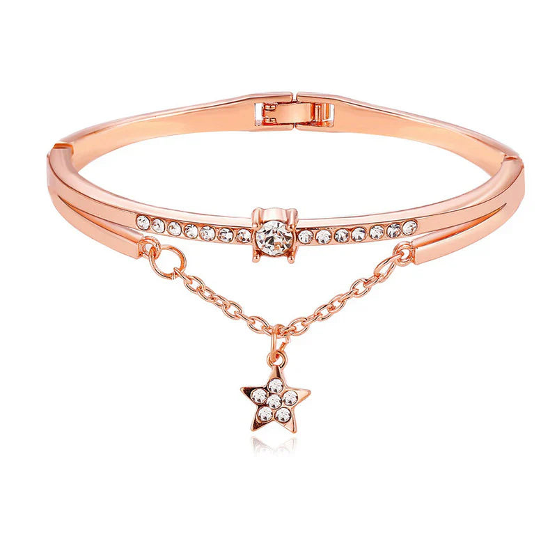 Rose Gold Crystal Bangle Bracelet with Dangling Star Charm