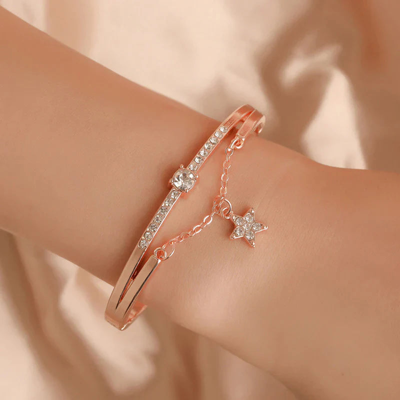 Rose Gold Crystal Bangle Bracelet with Dangling Star Charm