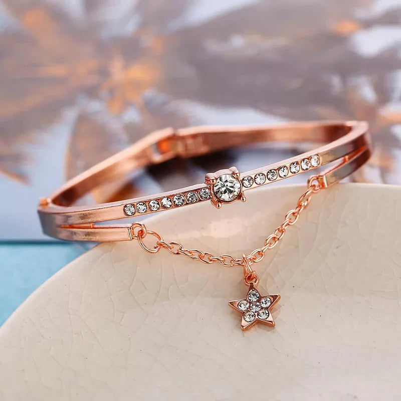 Rose Gold Crystal Bangle Bracelet with Dangling Star Charm