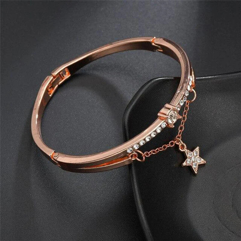 Rose Gold Crystal Bangle Bracelet with Dangling Star Charm
