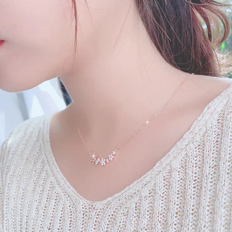 Rose Gold Bow & Crystal Floral Necklace