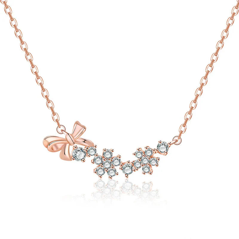Rose Gold Bow & Crystal Floral Necklace