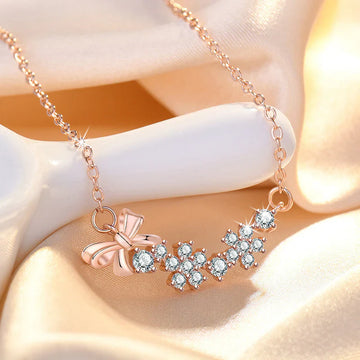 Rose Gold Bow & Crystal Floral Necklace