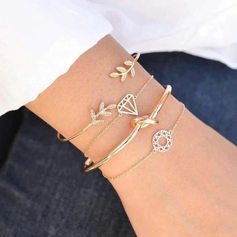 Gold Leaf & Charm Bracelet Set of 4