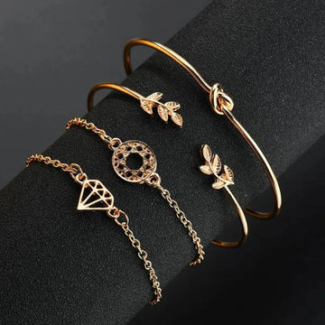 Gold Leaf & Charm Bracelet Set of 4