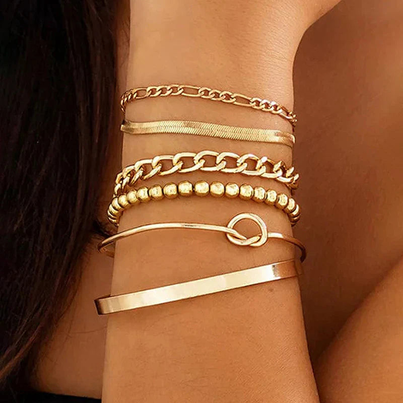 Gold Chain & Bangle Bracelet Set of 6