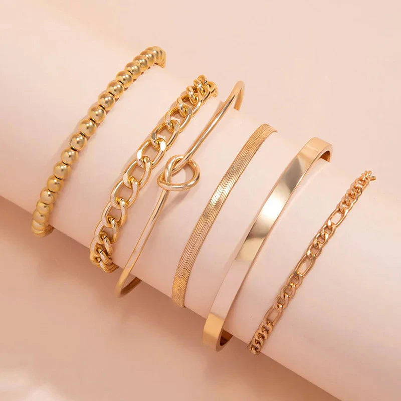 Gold Chain & Bangle Bracelet Set of 6