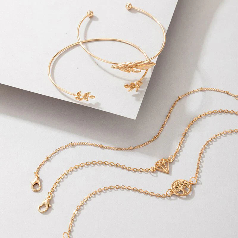 Gold Leaf & Charm Bracelet Set of 5