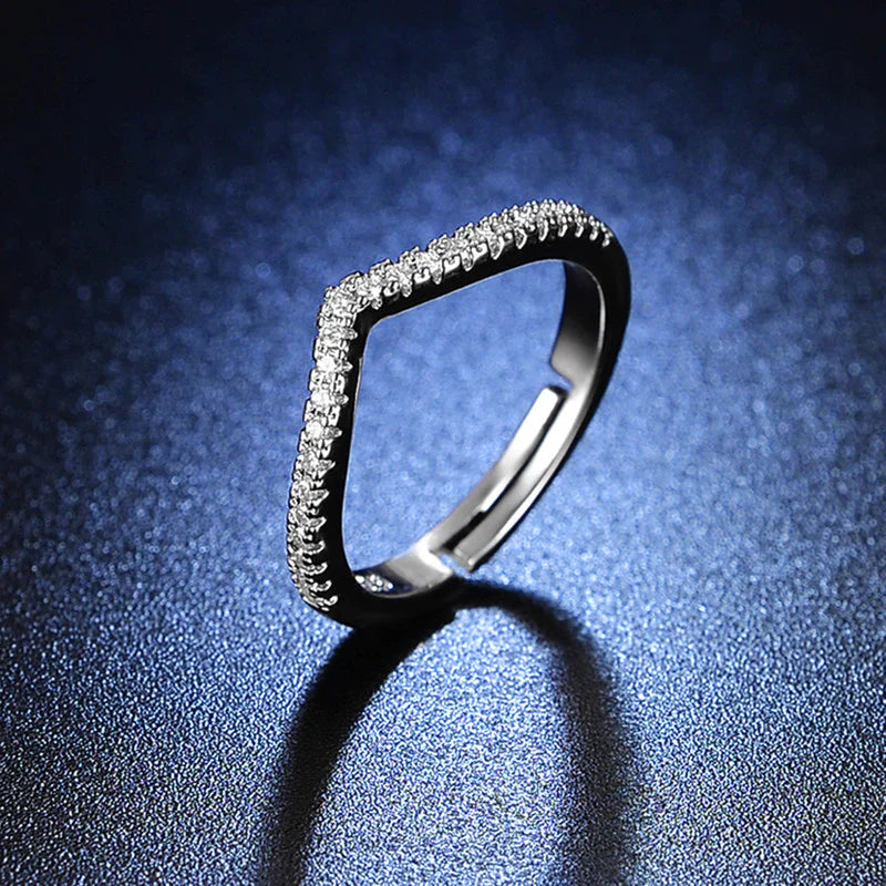 Elegant V-Shaped Silver CZ Stacking Ring
