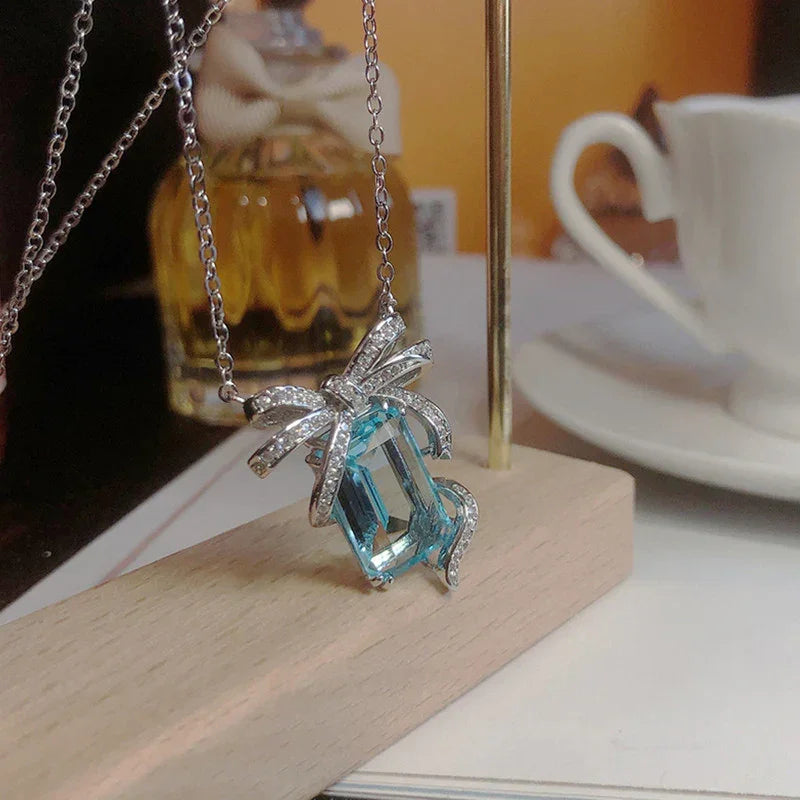 Blue Crystal Bow Pendant Necklace