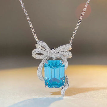 Blue Crystal Bow Pendant Necklace