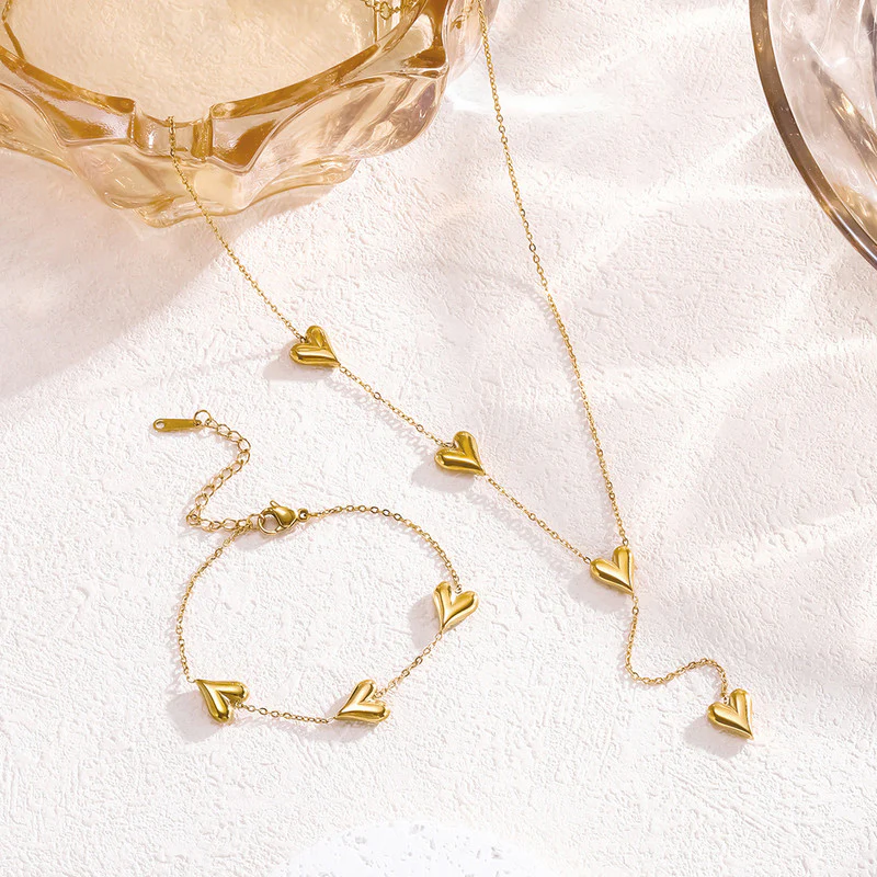 Elegant 18K Gold-Plated Heart Charm Necklace & Bracelet Set
