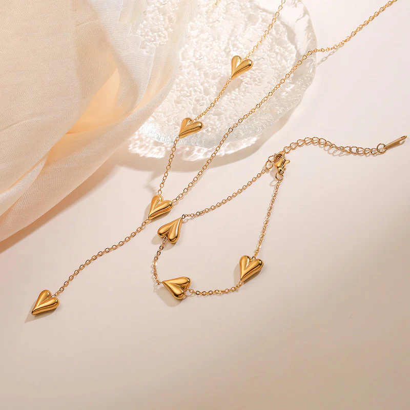 Elegant 18K Gold-Plated Heart Charm Necklace & Bracelet Set