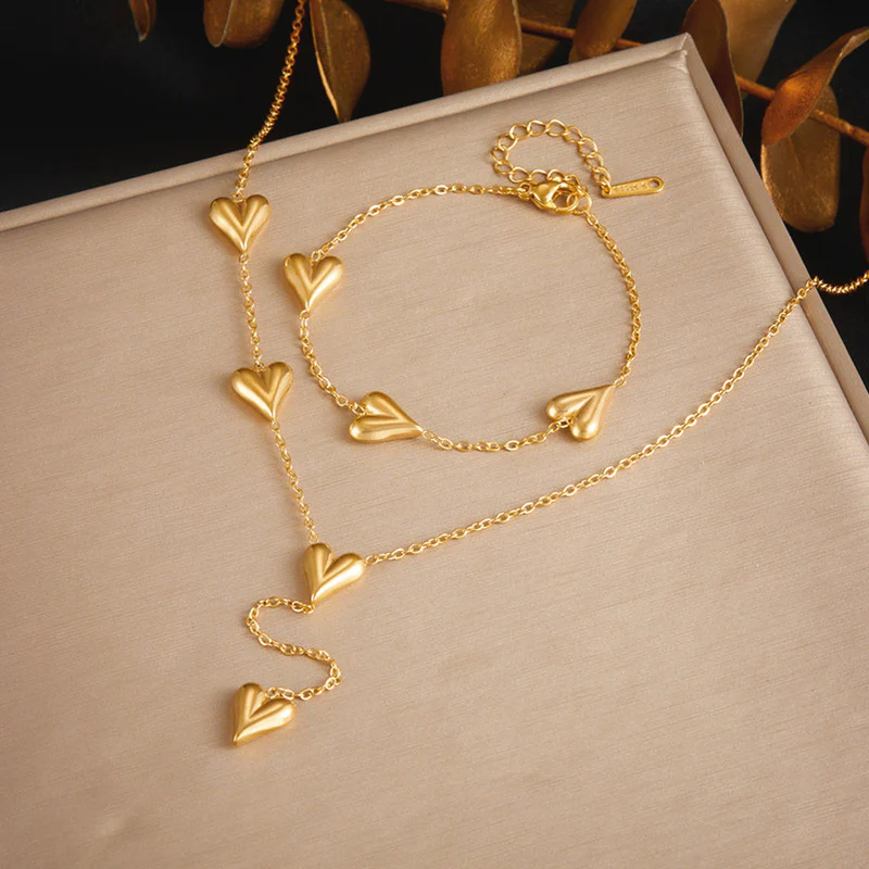 Elegant 18K Gold-Plated Heart Charm Necklace & Bracelet Set
