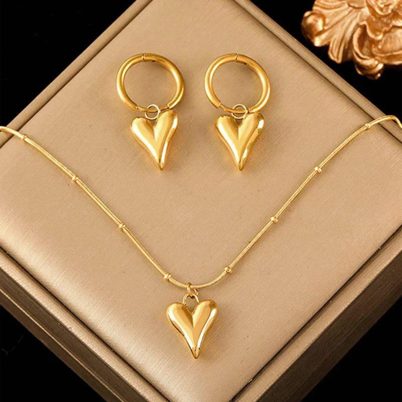 Gold Puffed Heart Jewelry Set