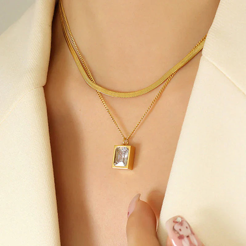 Elegant Layered Gold Necklace with Rectangular Crystal Pendant