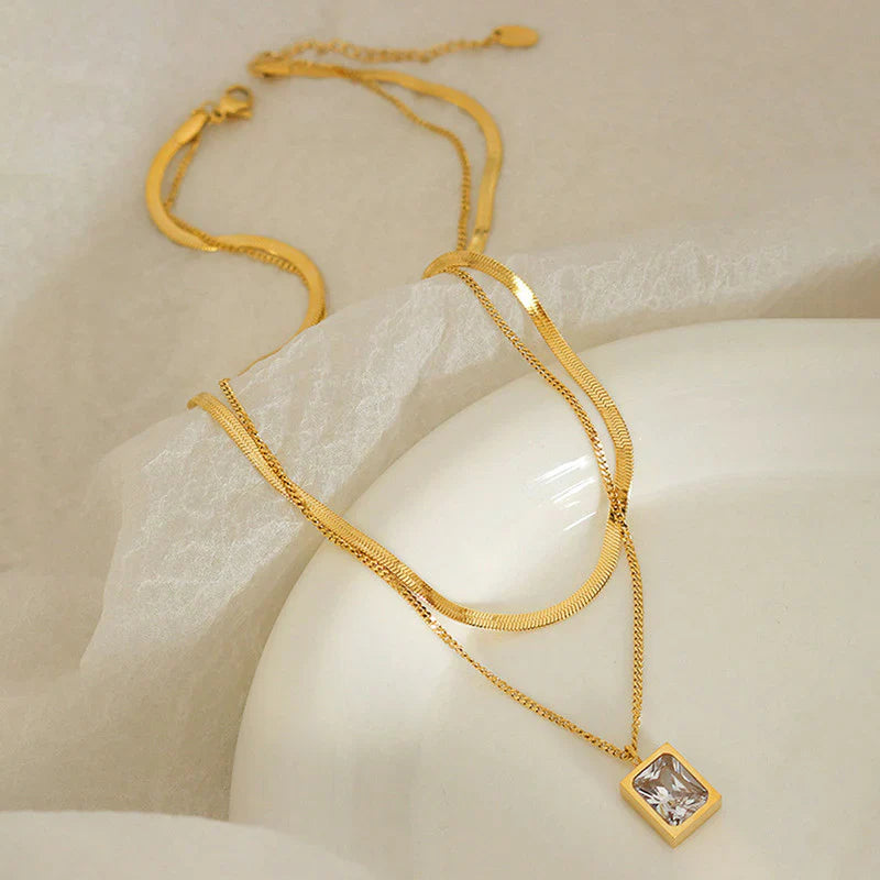 Elegant Layered Gold Necklace with Rectangular Crystal Pendant