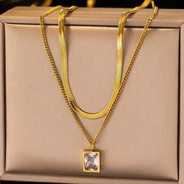 Elegant Layered Gold Necklace with Rectangular Crystal Pendant