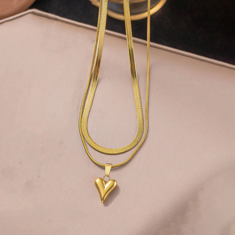 Elegant Double-Layer Gold Necklace with Heart Pendant
