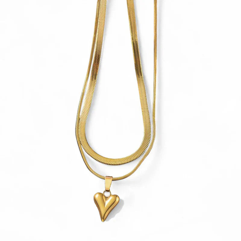 Elegant Double-Layer Gold Necklace with Heart Pendant