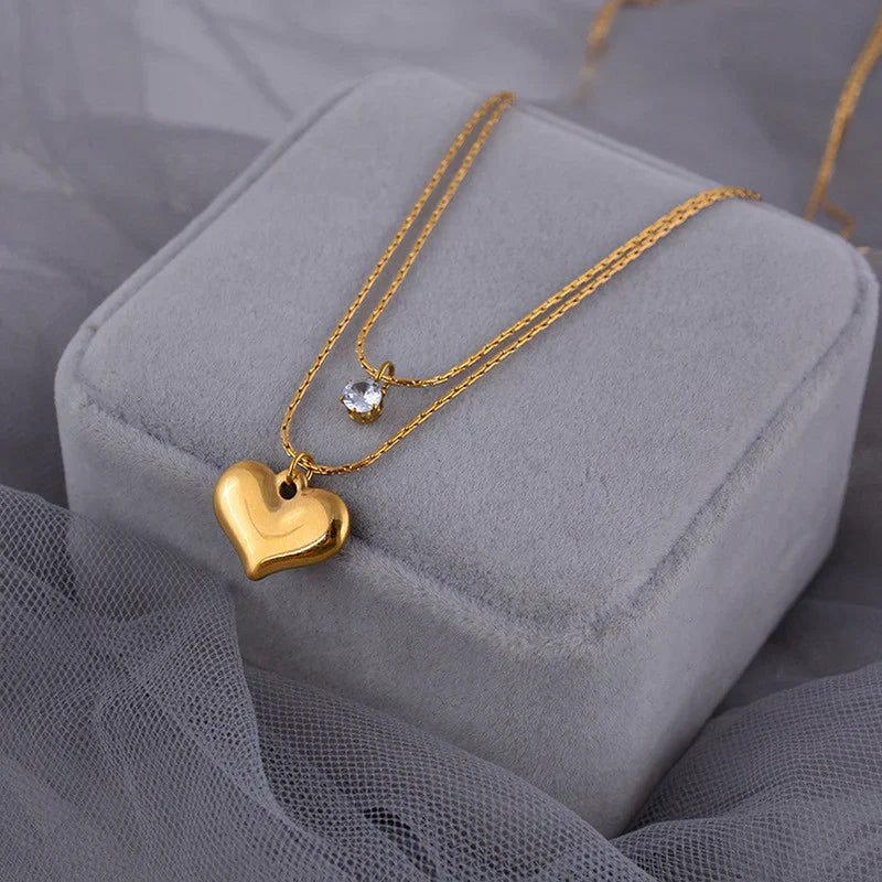 Elegant Double-Layer Heart & Crystal Pendant Necklace – 18K Gold-Plated
