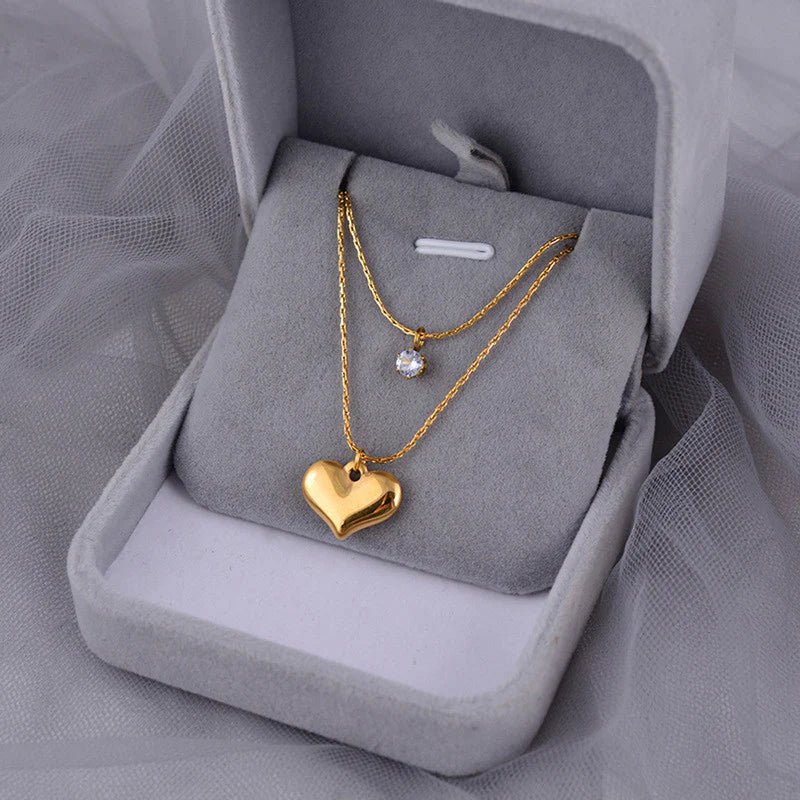 Elegant Double-Layer Heart & Crystal Pendant Necklace – 18K Gold-Plated