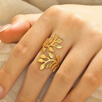 Gold Plated Anti Tarnish Stainless Steel Leaf Themed Adjustable Finger Ring