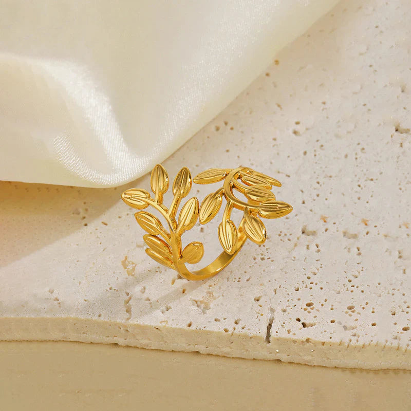 Gold Plated Anti Tarnish Stainless Steel Leaf Themed Adjustable Finger Ring