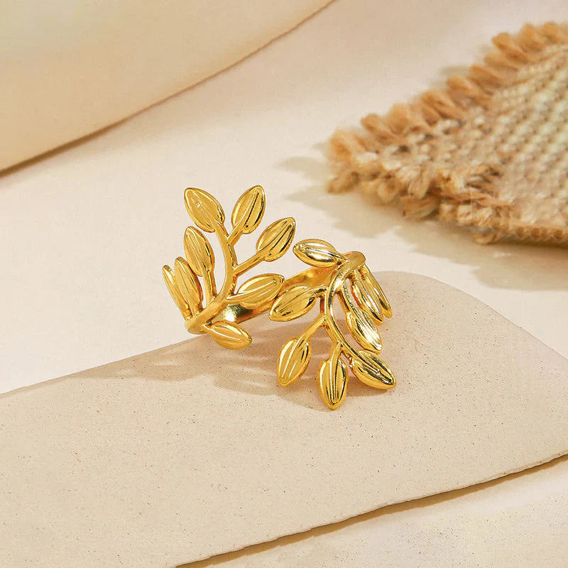Gold Plated Anti Tarnish Stainless Steel Leaf Themed Adjustable Finger Ring