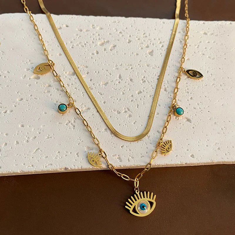 Gold-Plated Anti-Tarnish Dual Strand Evil Eye Necklace
