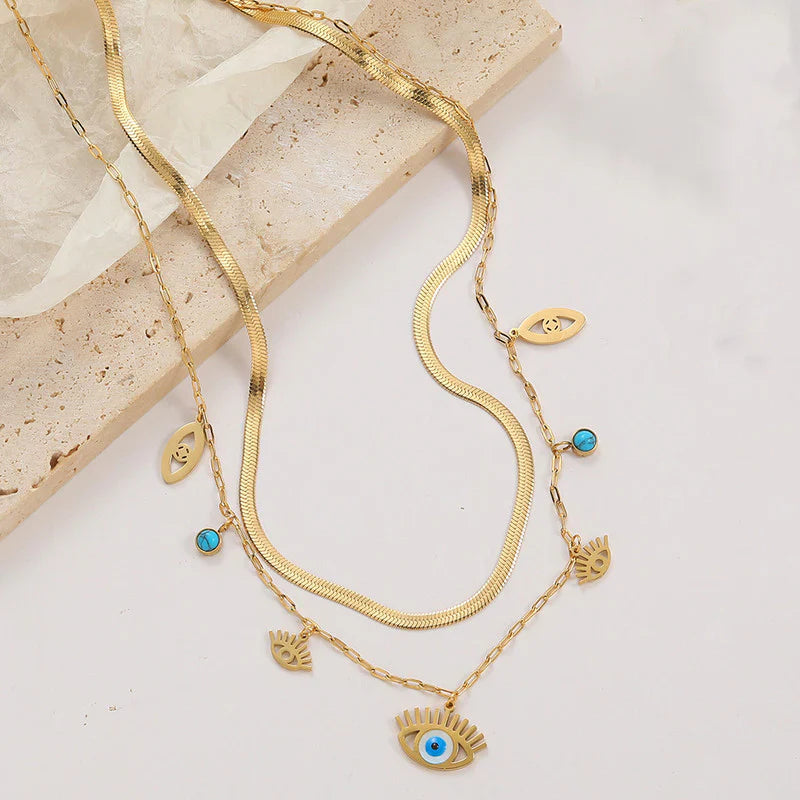 Gold-Plated Anti-Tarnish Dual Strand Evil Eye Necklace