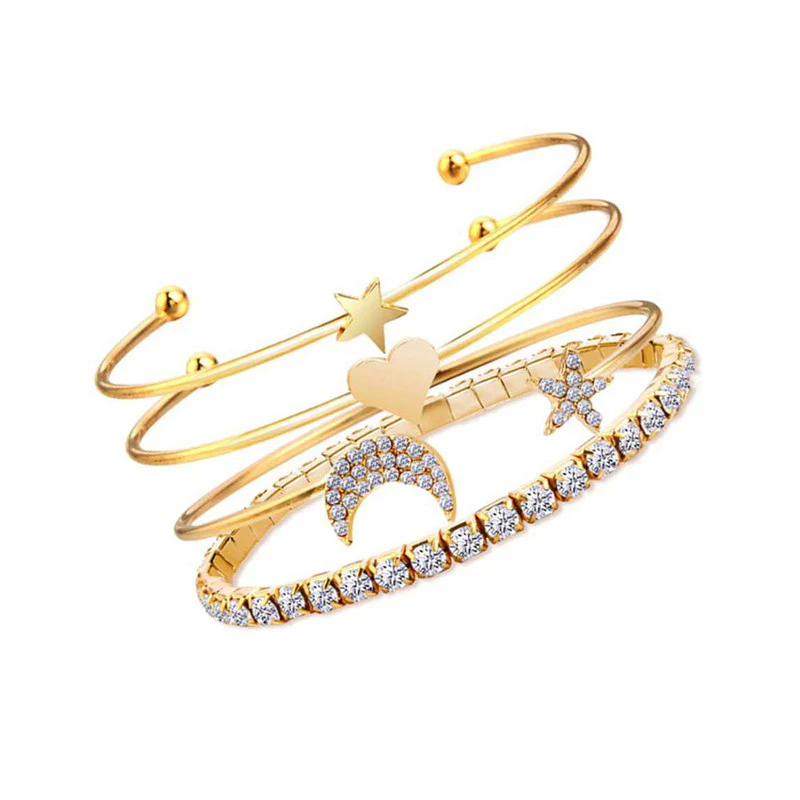 Gold-Plated Anti-Tarnish Celestial Charm Open Bangle Bracelet Set – Moon, Star & Heart Design