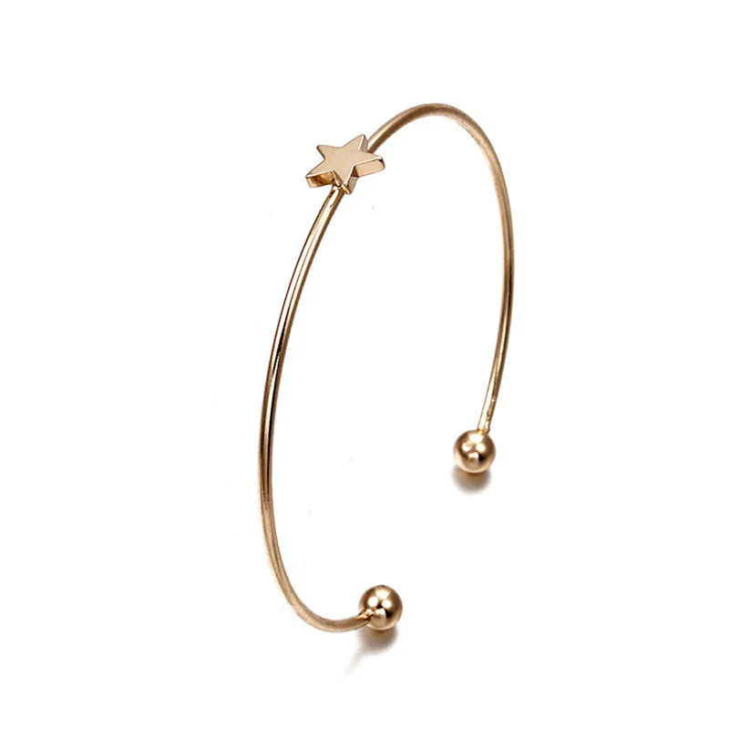 Gold-Plated Anti-Tarnish Celestial Charm Open Bangle Bracelet Set – Moon, Star & Heart Design