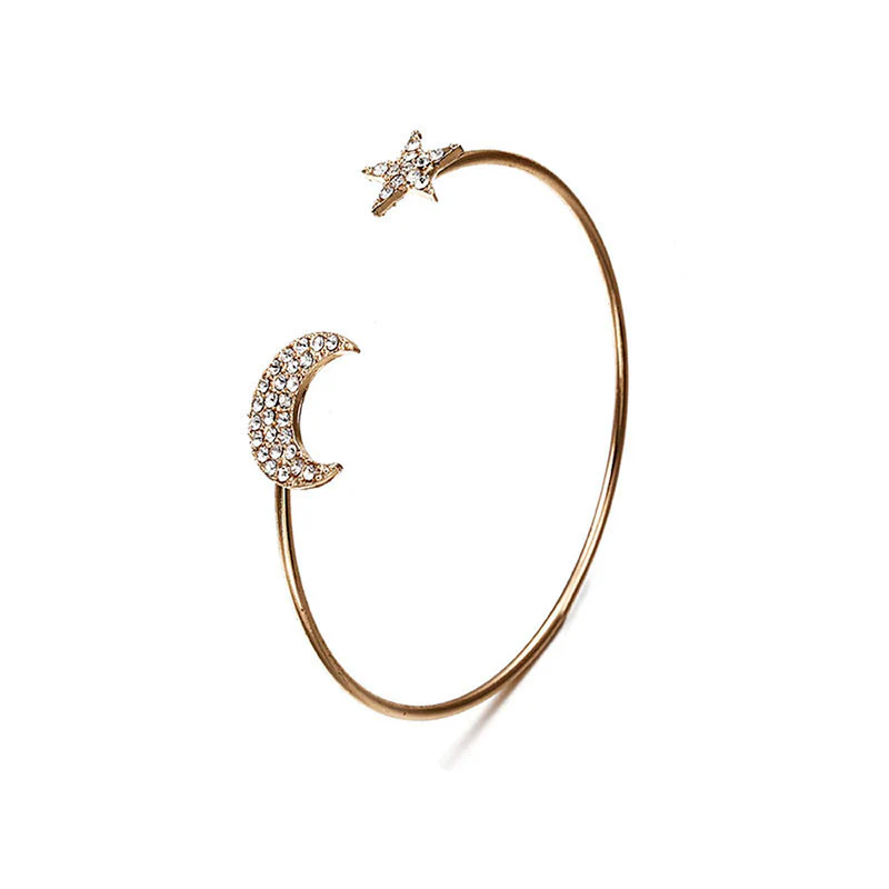 Gold-Plated Anti-Tarnish Celestial Charm Open Bangle Bracelet Set – Moon, Star & Heart Design