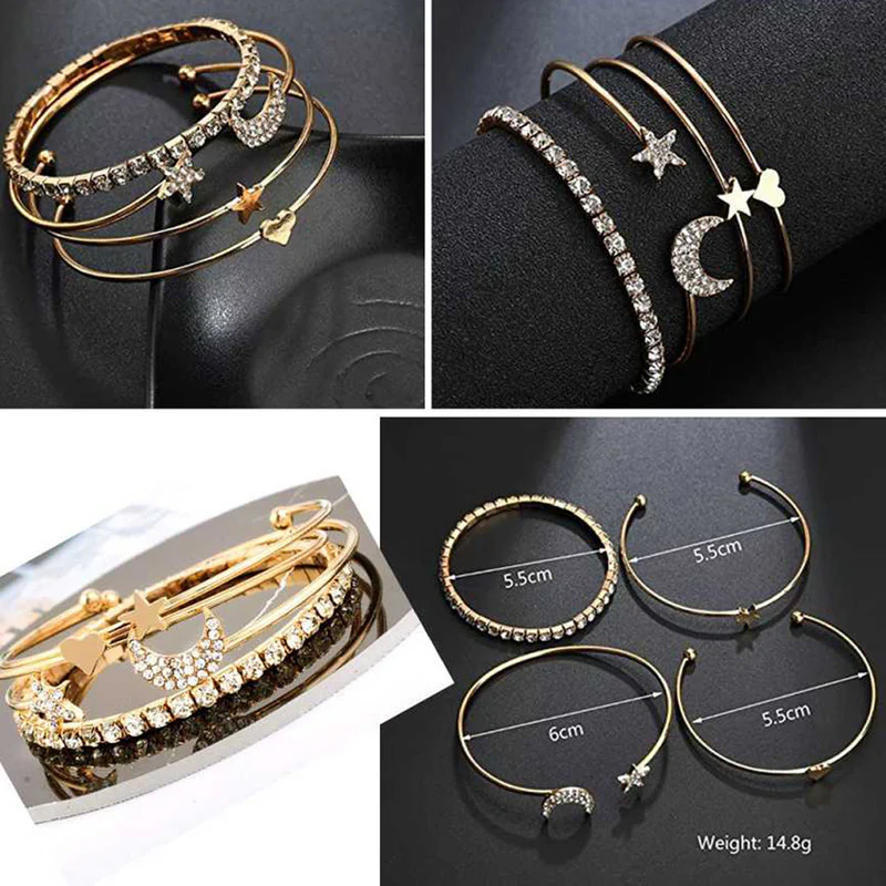 Gold-Plated Anti-Tarnish Celestial Charm Open Bangle Bracelet Set – Moon, Star & Heart Design