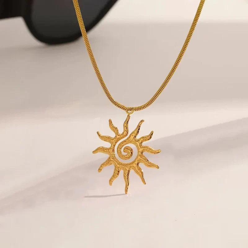 Gold Textured Sun Pendant Necklace