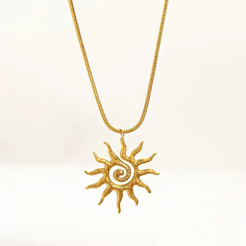 Gold Textured Sun Pendant Necklace