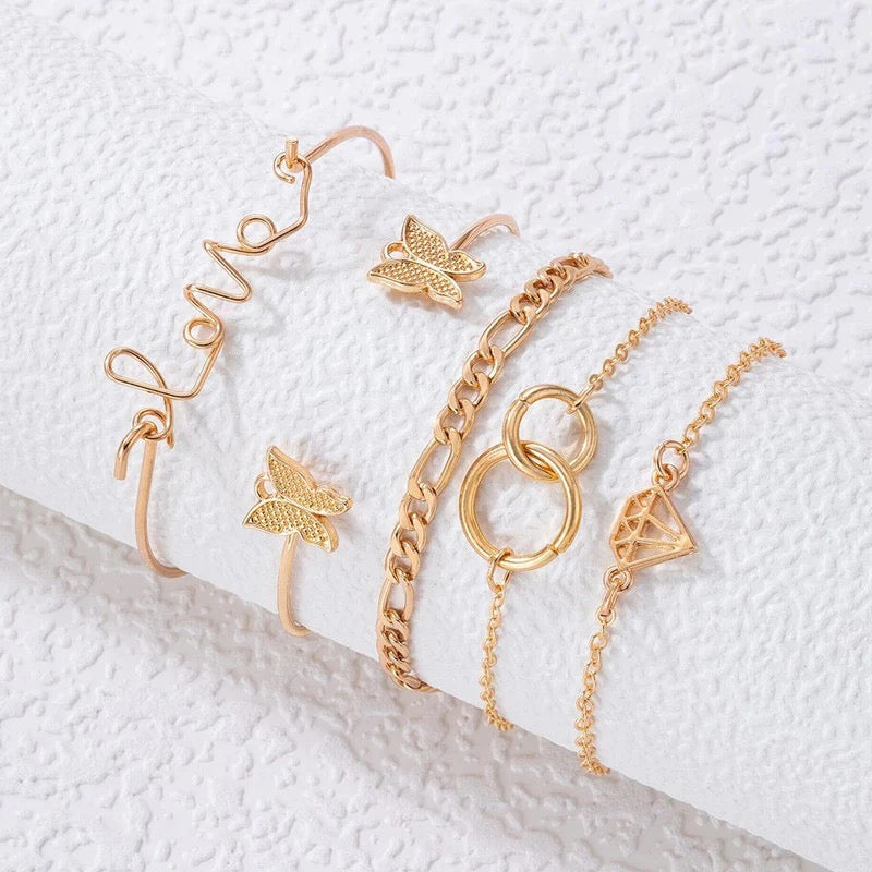 Golden Charm Bracelet Set – Butterfly, Love & Diamond Design (5-Piece Set)