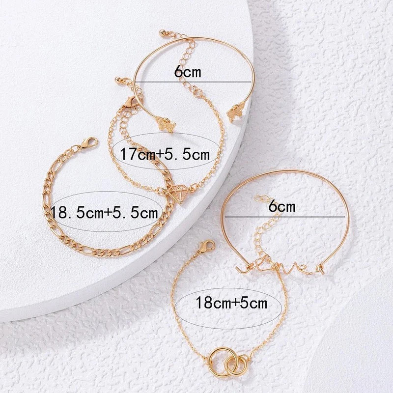 Golden Charm Bracelet Set – Butterfly, Love & Diamond Design (5-Piece Set)