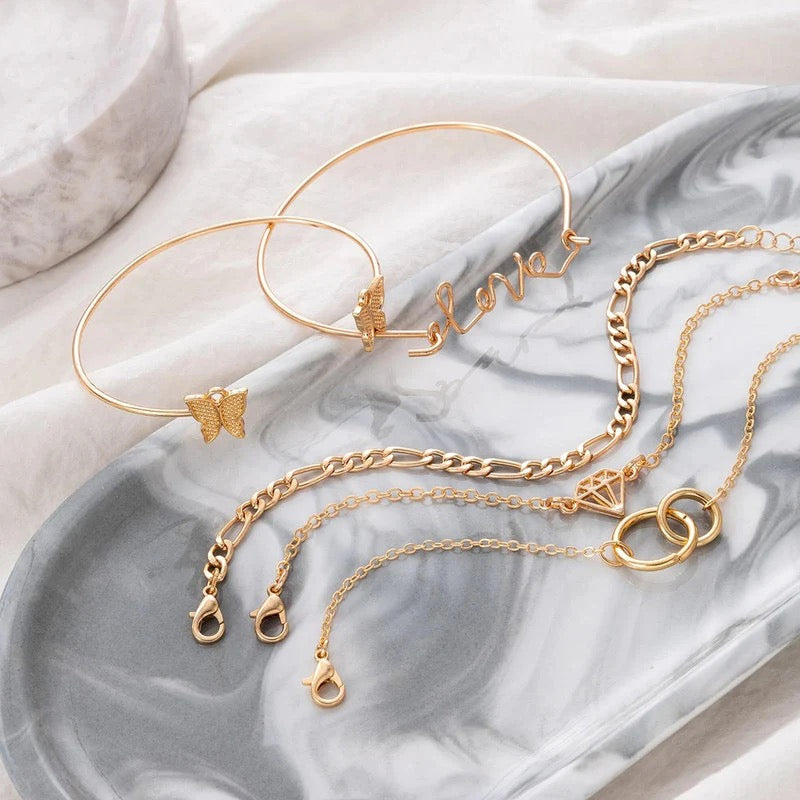Golden Charm Bracelet Set – Butterfly, Love & Diamond Design (5-Piece Set)