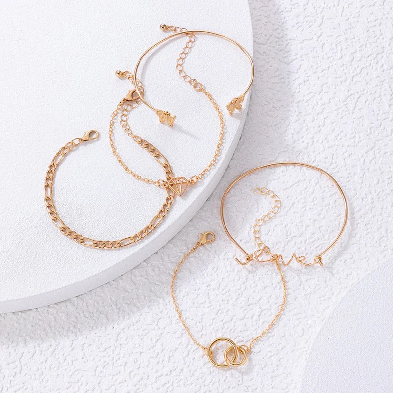 Golden Charm Bracelet Set – Butterfly, Love & Diamond Design (5-Piece Set)