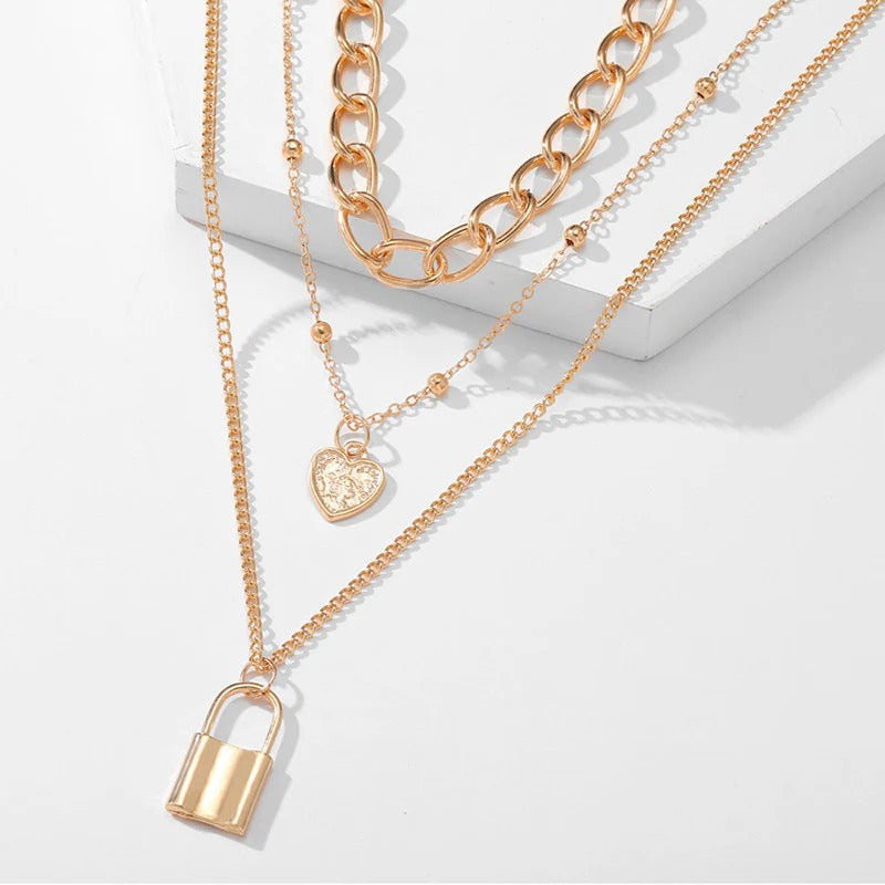 Golden Heart & Lock Layered Necklace