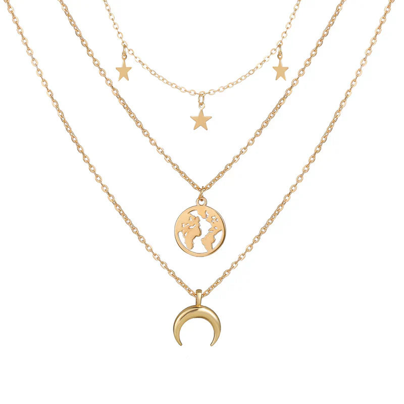 Celestial World Layered Necklace – Gold Moon, Earth & Star Pendant Chain