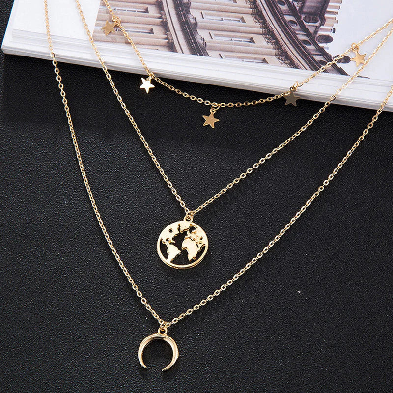 Celestial World Layered Necklace – Gold Moon, Earth & Star Pendant Chain