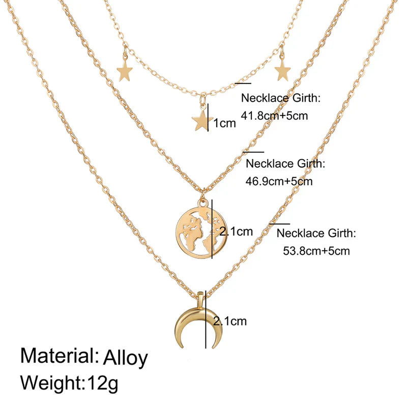 Celestial World Layered Necklace – Gold Moon, Earth & Star Pendant Chain