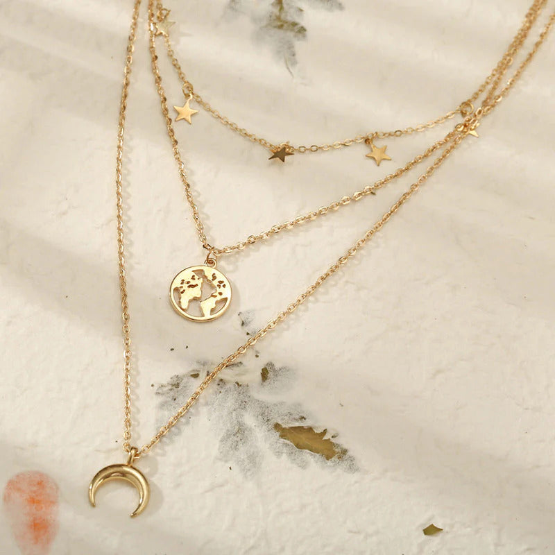 Celestial World Layered Necklace – Gold Moon, Earth & Star Pendant Chain
